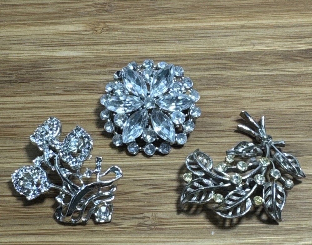 Lot of 3 Vintage Rhinestone Brooch Pins Silver Tone Floral Flower Leaf Spray